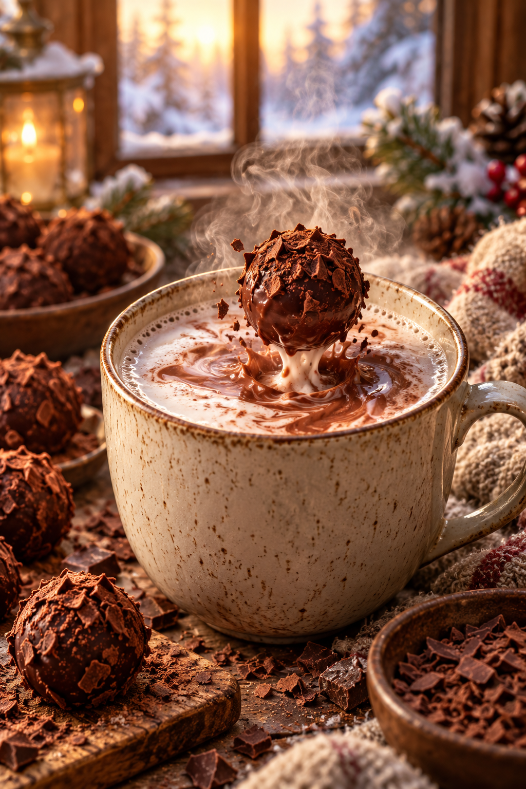 Hot chocolate truffle melting into a mug of hot milk