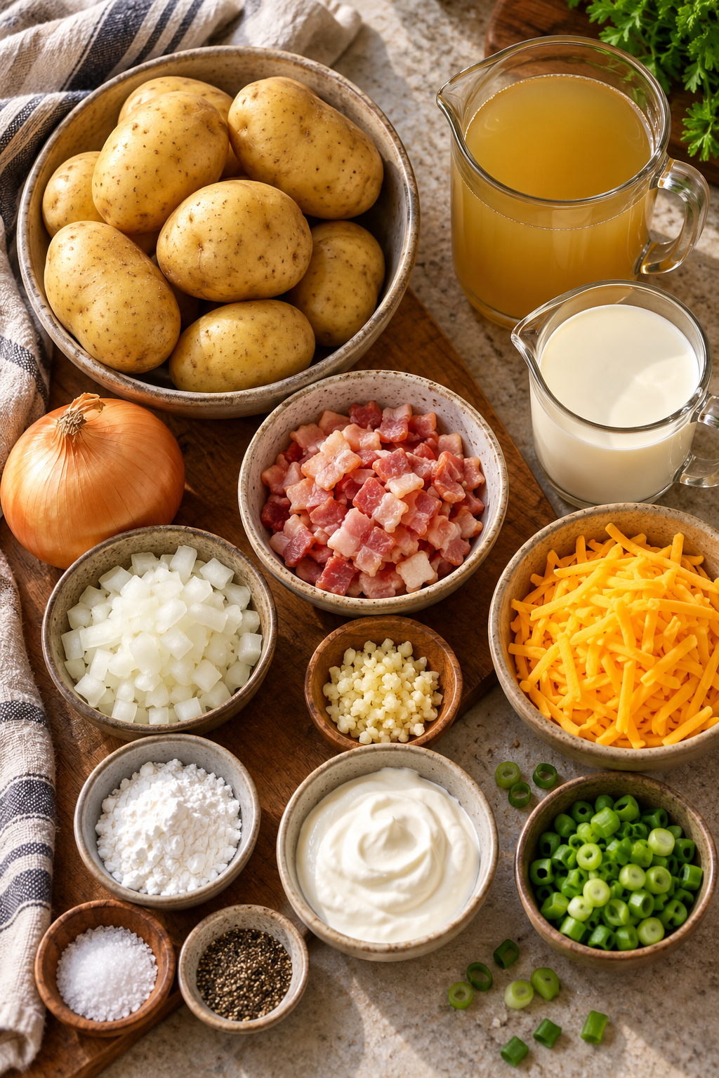 instant pot potato soup ingredients measured and arranged