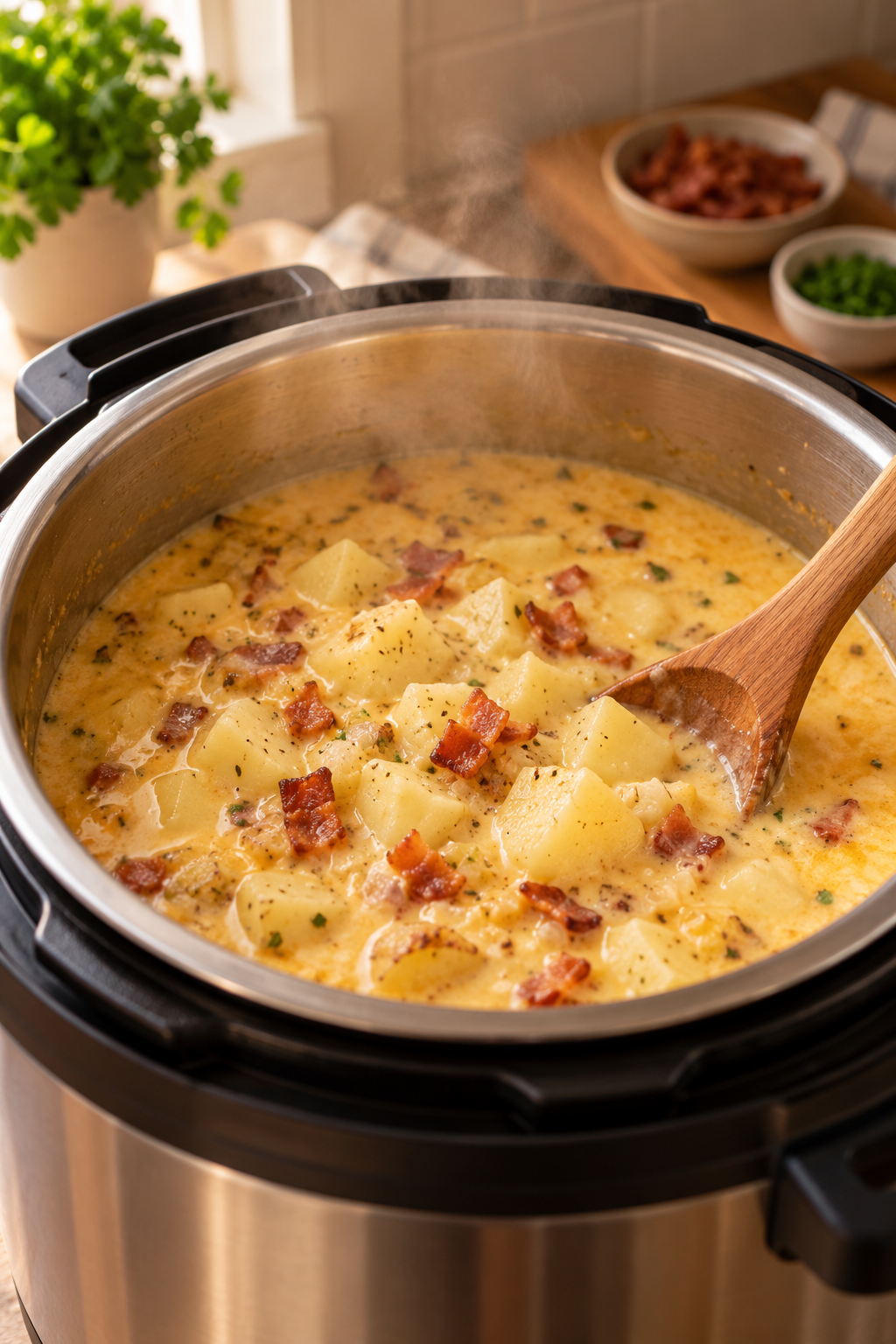 potato soup simmering in the Instant Pot