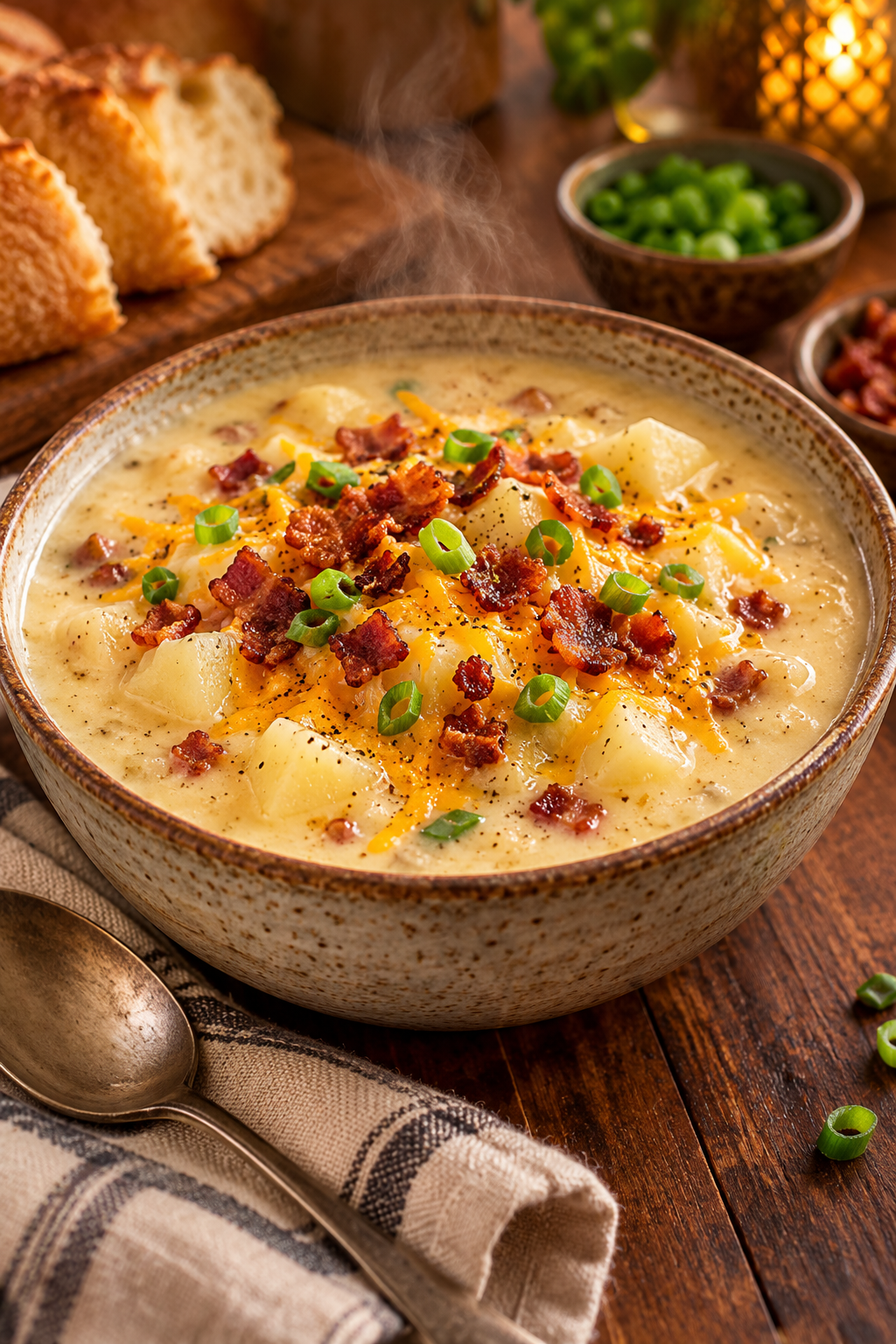 creamy instant pot potato soup topped with bacon and green onions