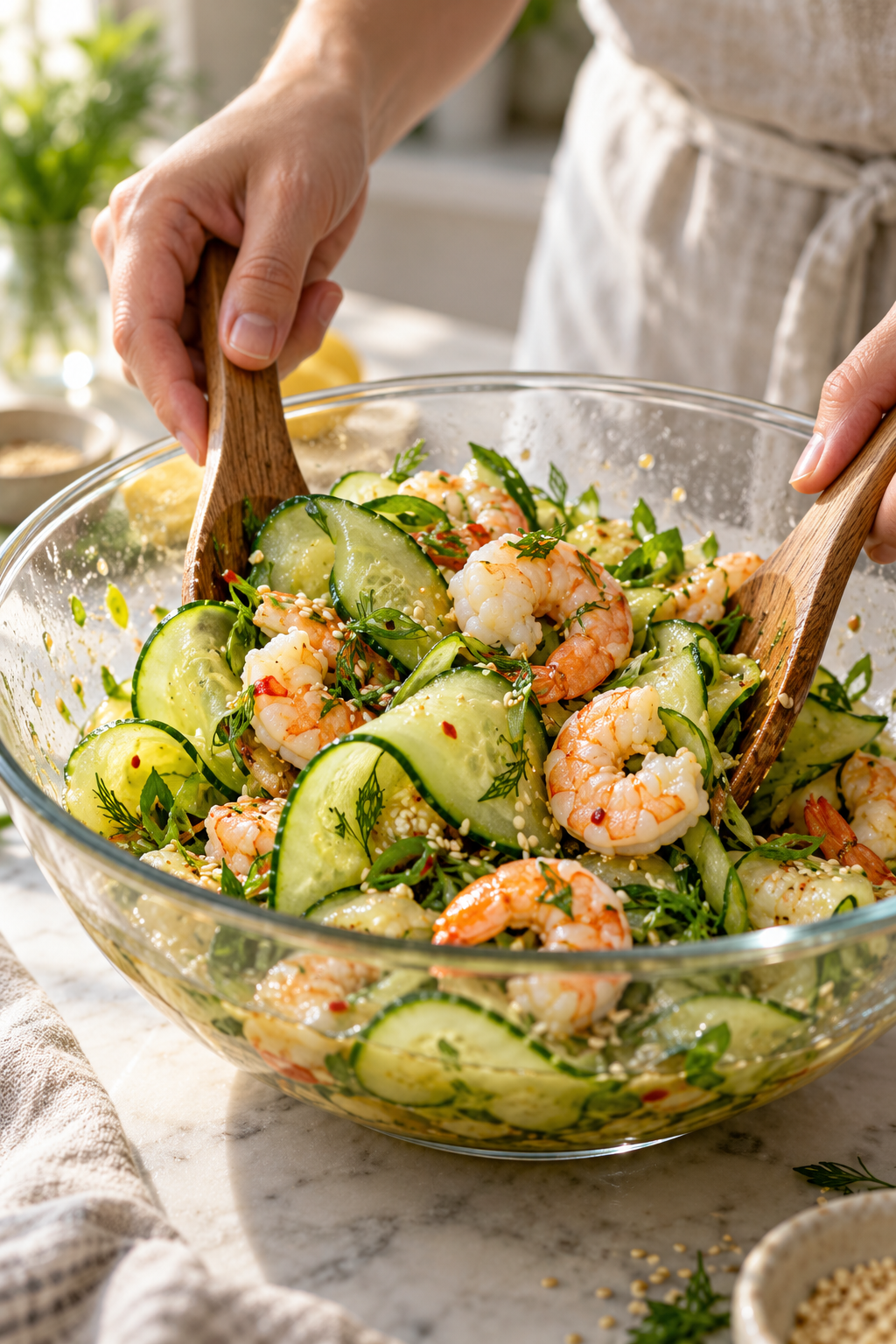 Mixing Japanese sunomono salad