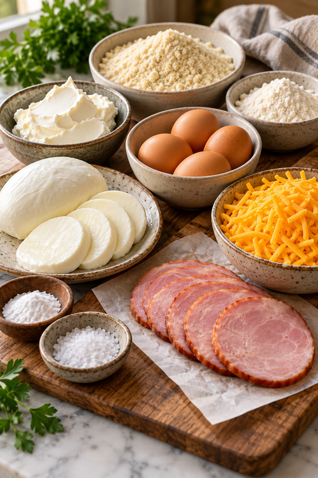 Ingredients for keto breakfast pockets arranged on a counter