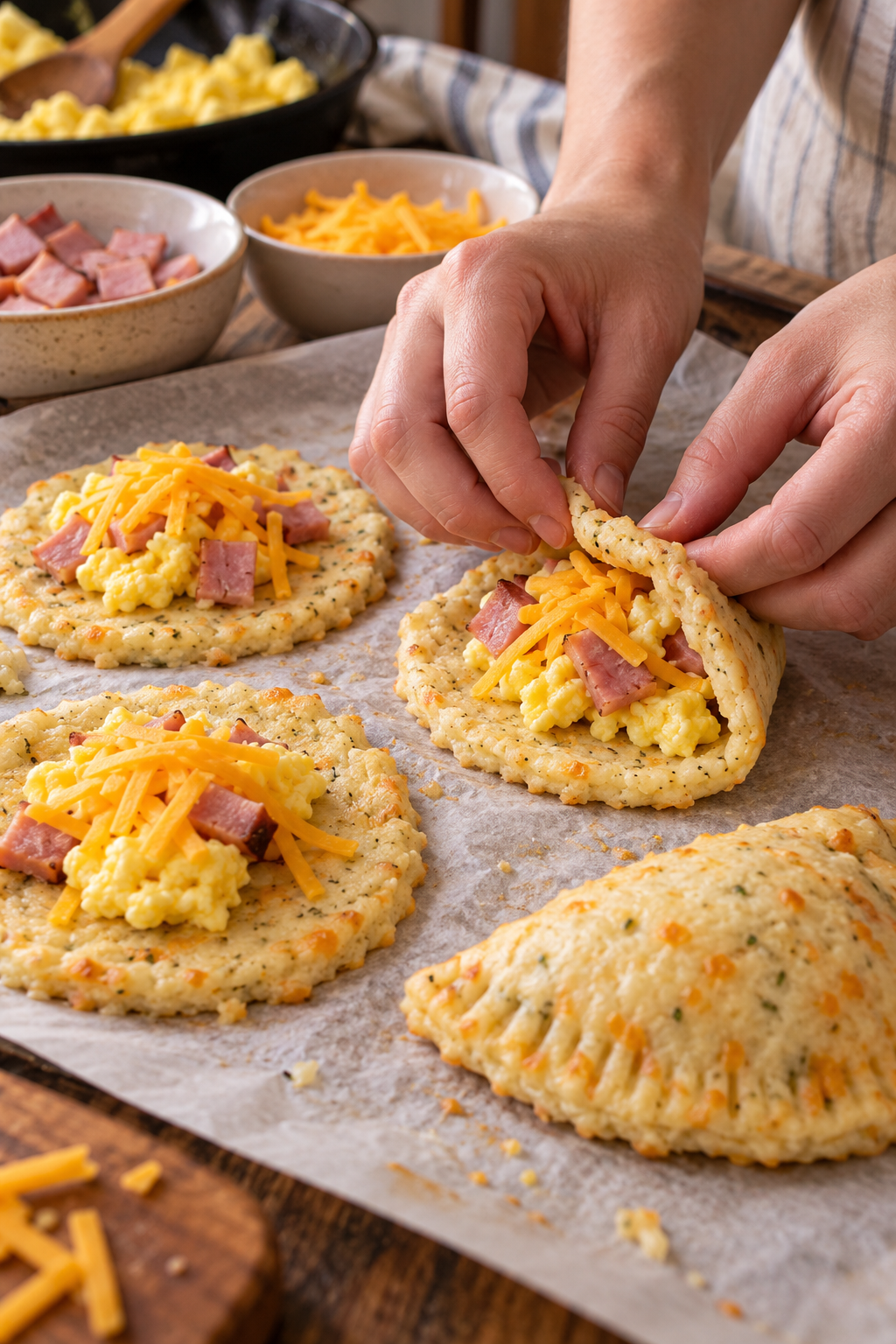 Keto breakfast pockets being filled and sealed