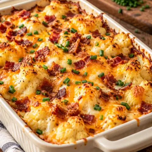 loaded cauliflower casserole with bacon and melted cheese