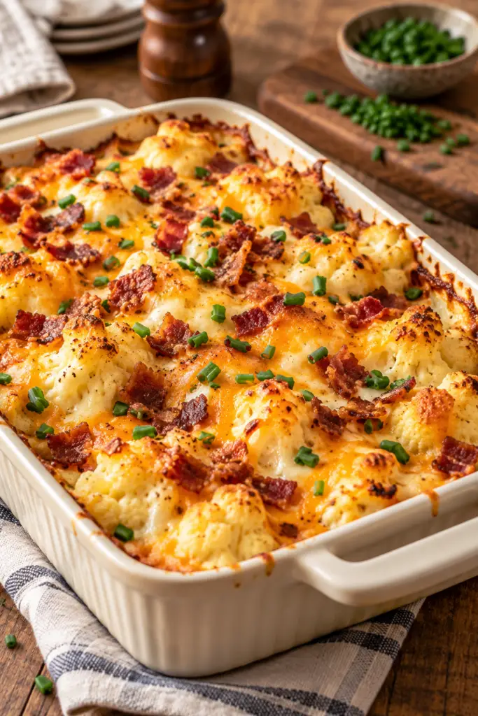 loaded cauliflower casserole with bacon and melted cheese