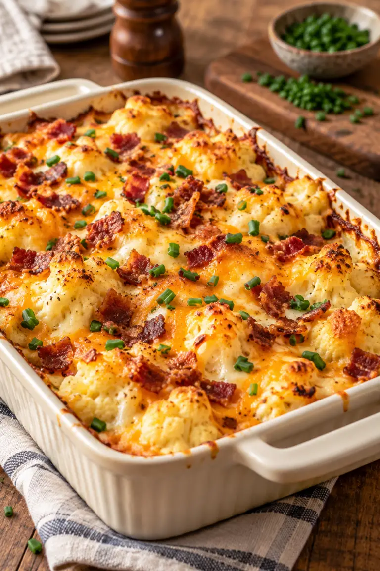 loaded cauliflower casserole with bacon and melted cheese