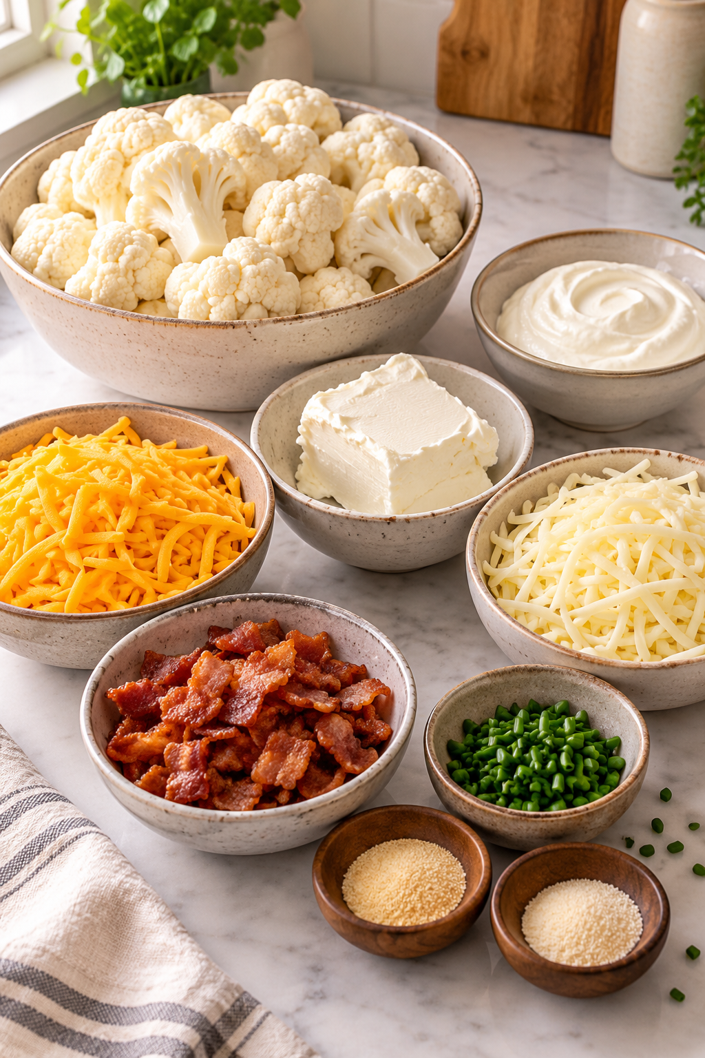 loaded cauliflower casserole ingredients arranged for cooking