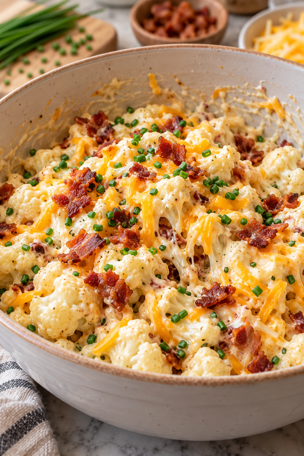 loaded cauliflower casserole mixture being folded together