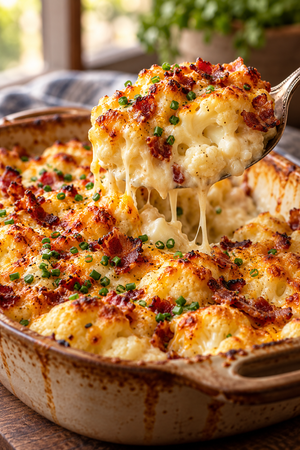baked loaded cauliflower casserole finished with chives