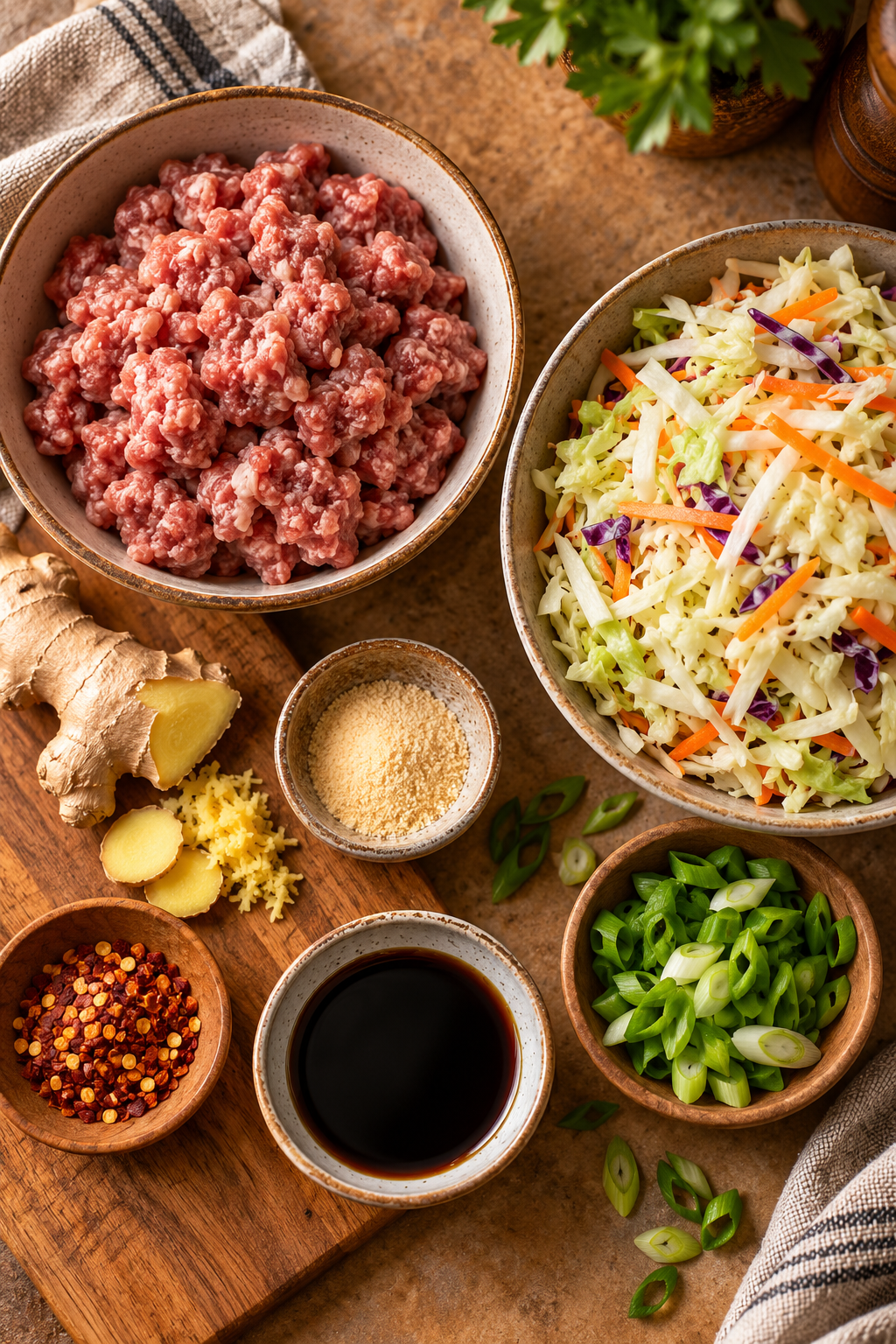 Ingredients for low carb egg roll in a bowl