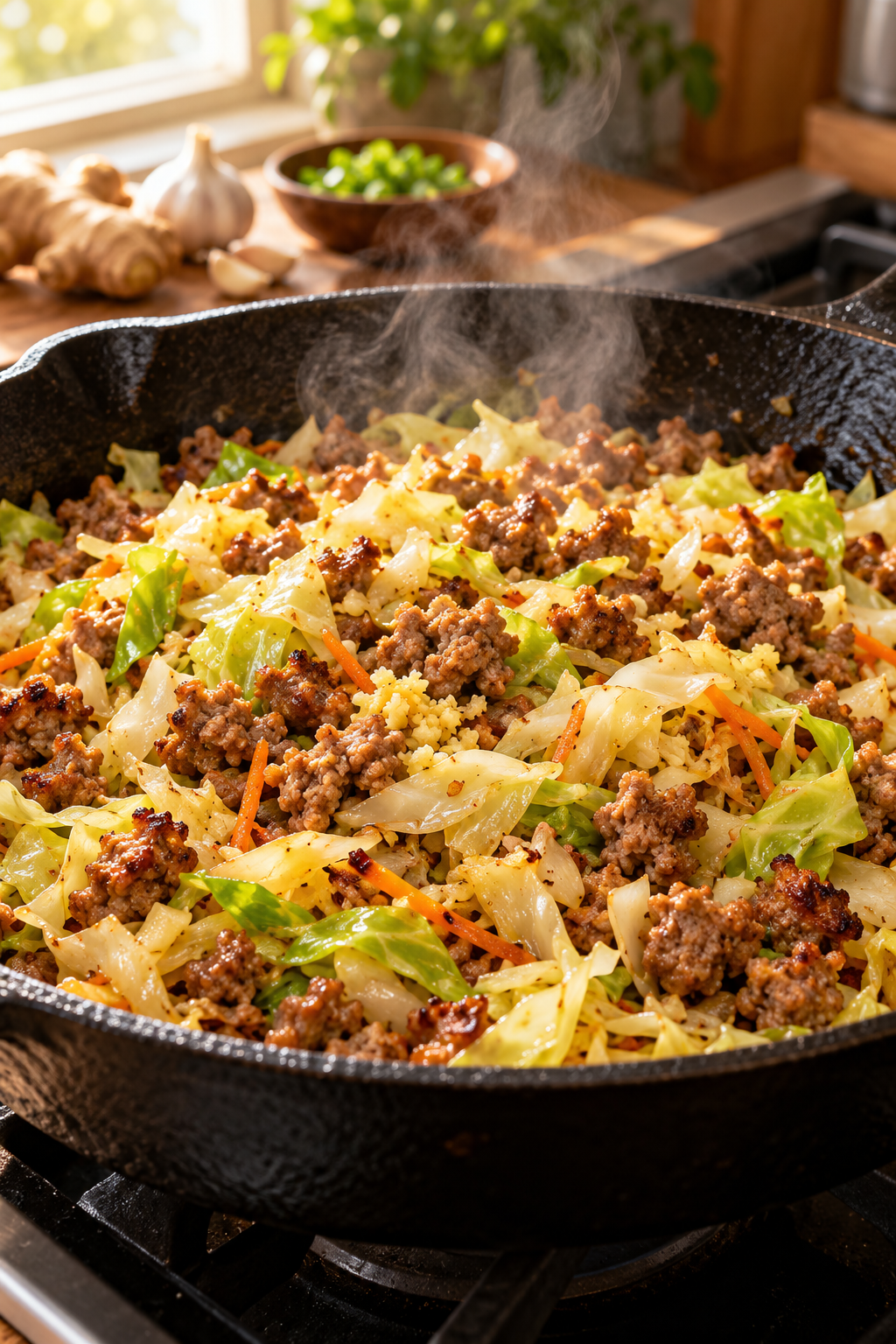 Cooking the low carb egg roll in a bowl in a skillet