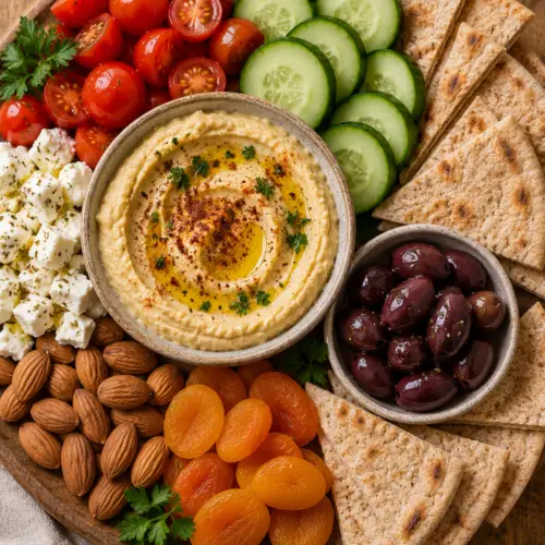 Mediterranean snack board with hummus and vegetables