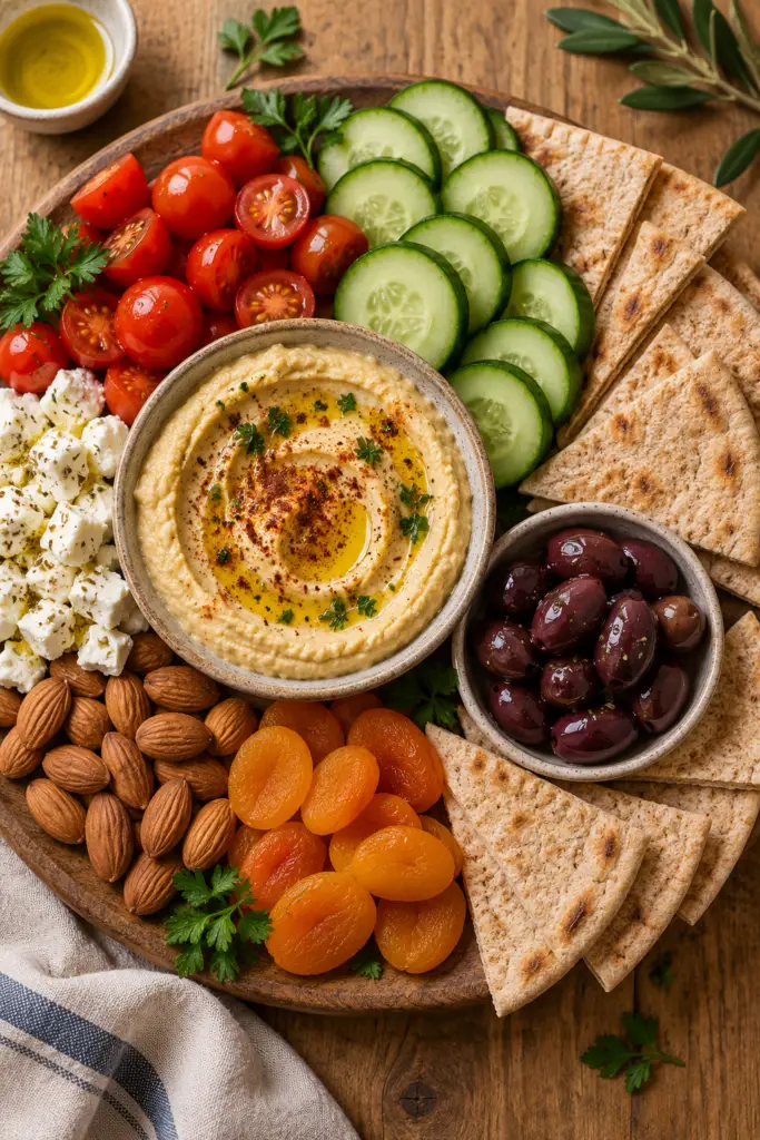 Mediterranean snack board with hummus and vegetables