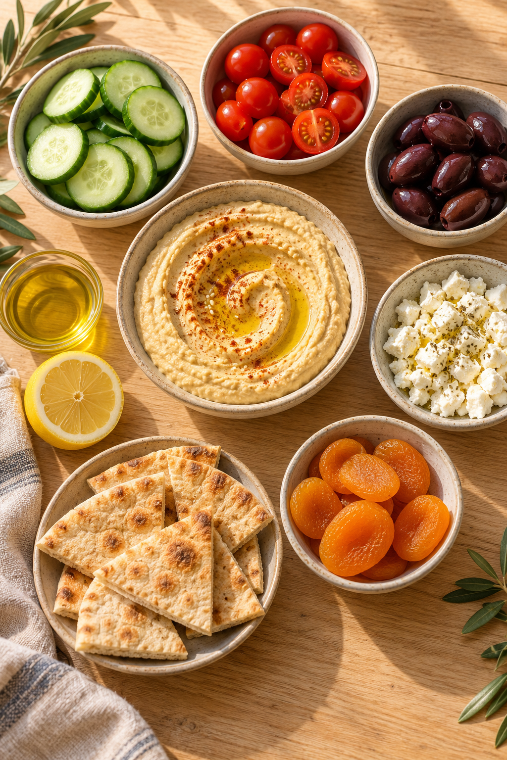 Ingredients for Mediterranean diet snacks arranged for a snack board