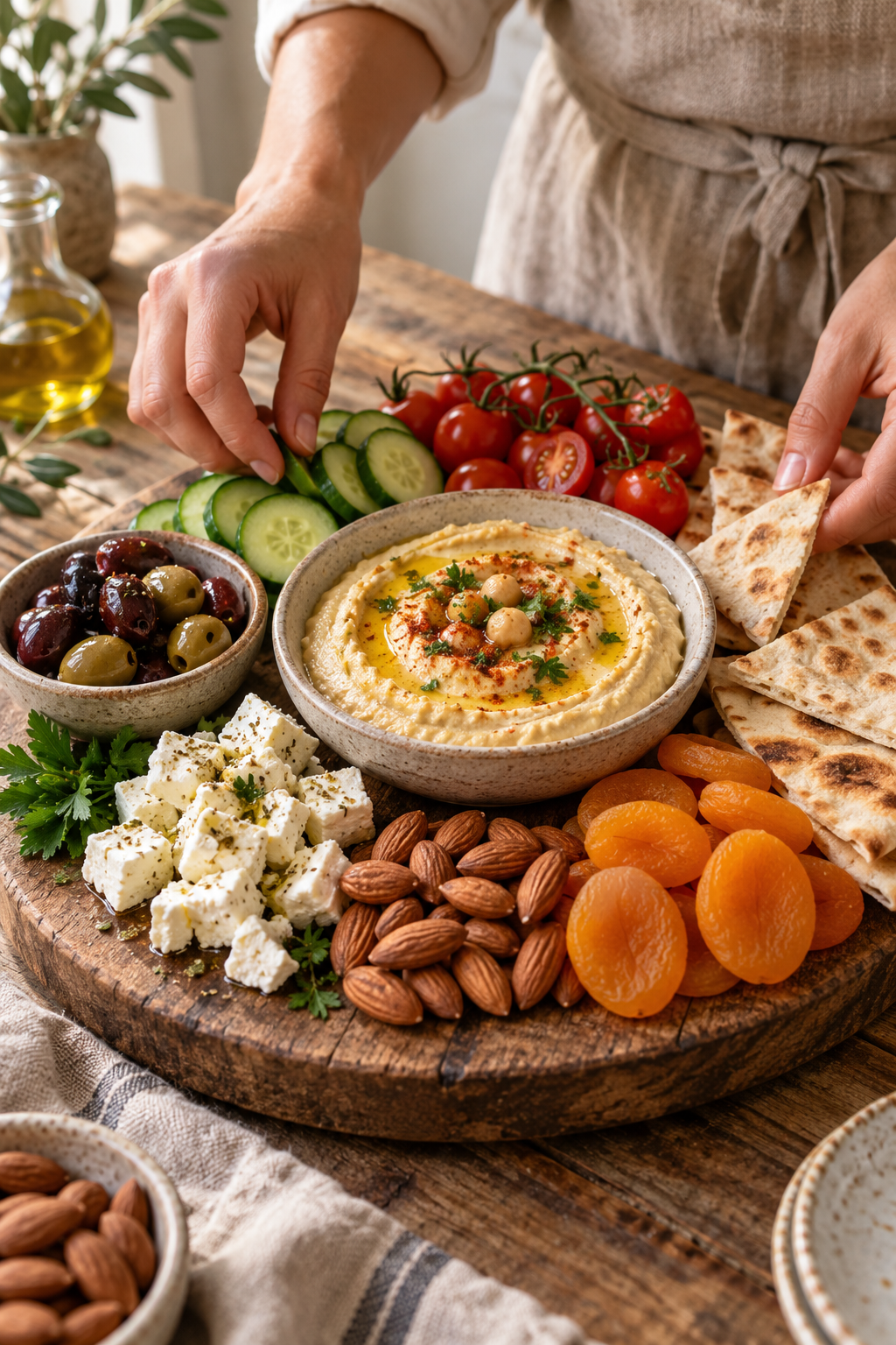Arranging Mediterranean diet snacks around hummus on a board