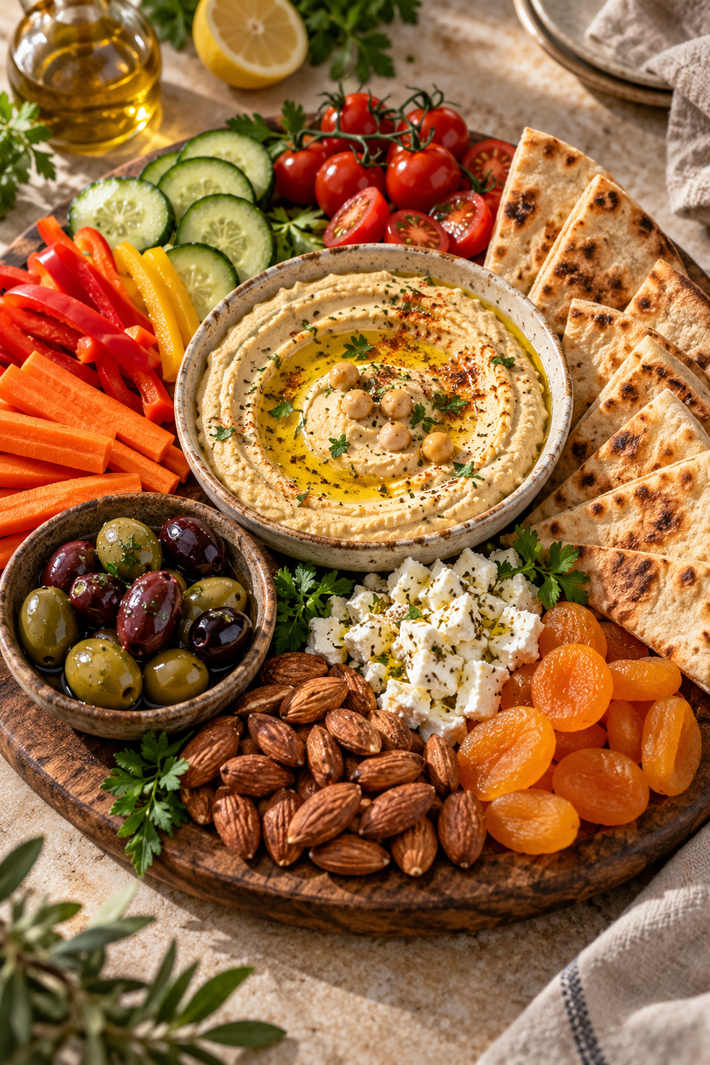 Finished Mediterranean diet snacks board ready to serve