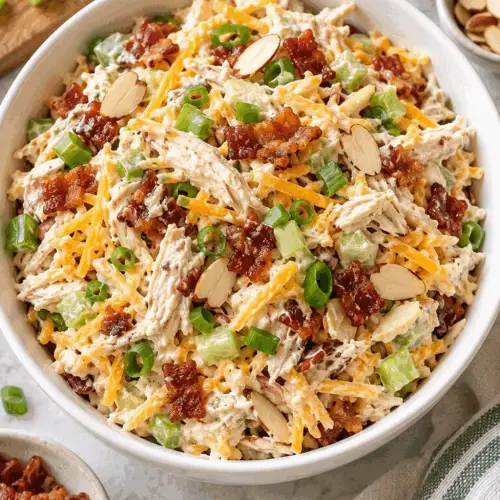 Million dollar chicken salad in a serving bowl