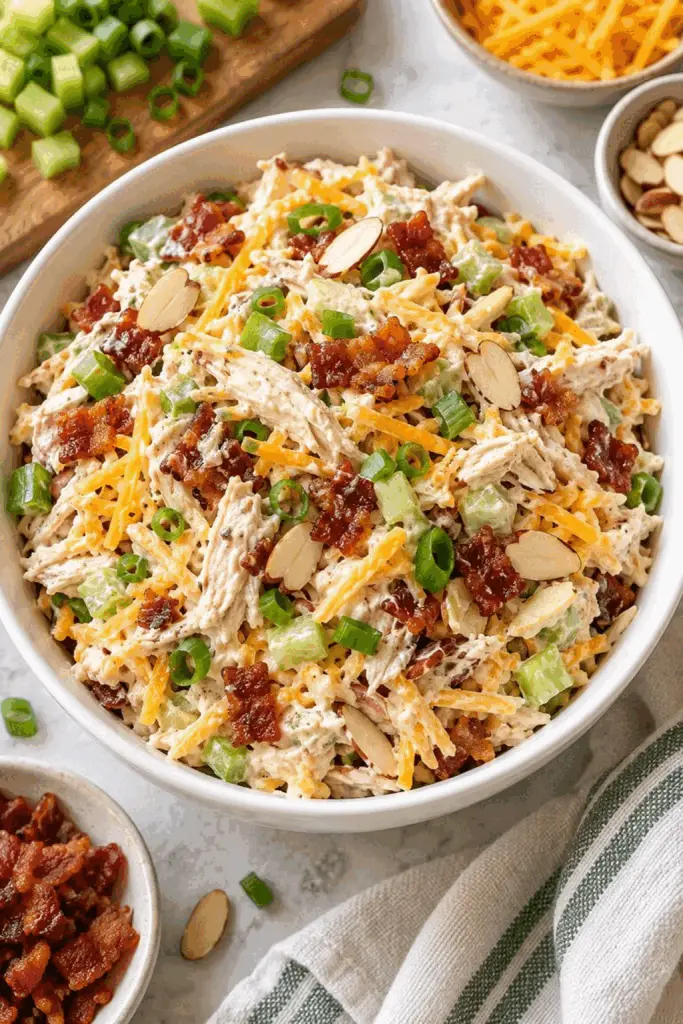 Million dollar chicken salad in a serving bowl