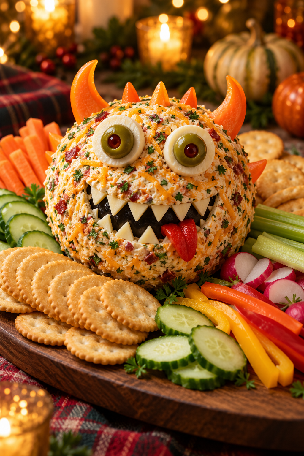 Finished monster cheese ball with crackers and vegetables
