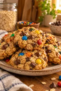 Monster cookies with oats, peanut butter, chocolate chips, and candy pieces