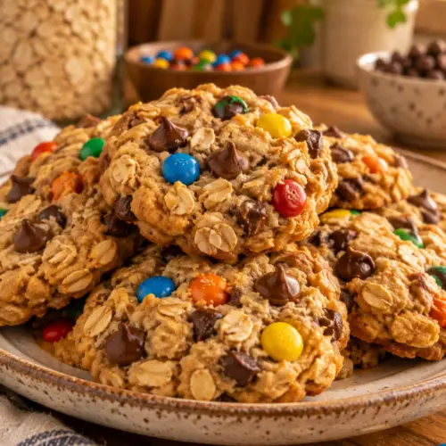 Monster cookies with oats, peanut butter, chocolate chips, and candy pieces