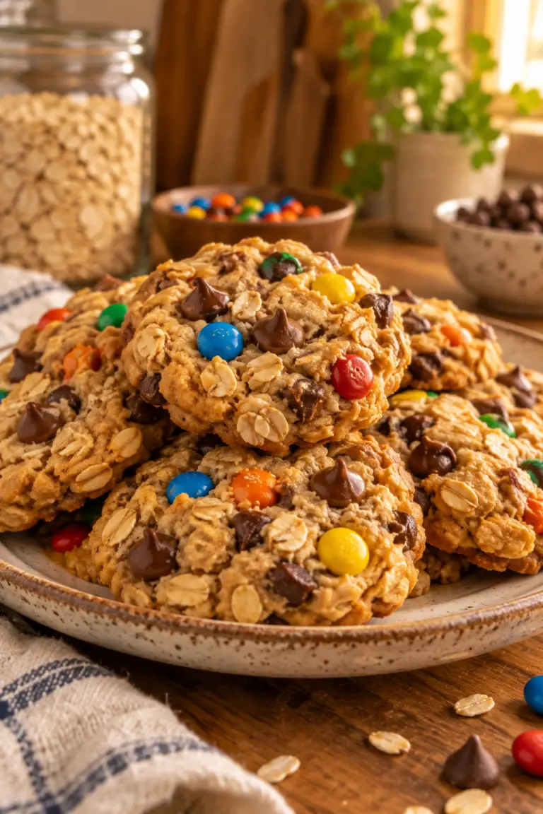 Monster cookies with oats, peanut butter, chocolate chips, and candy pieces