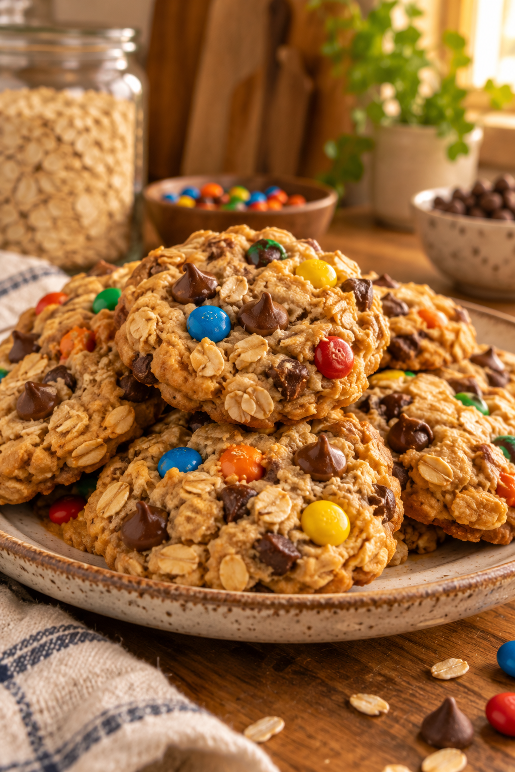 Monster cookies with oats, peanut butter, chocolate chips, and candy pieces