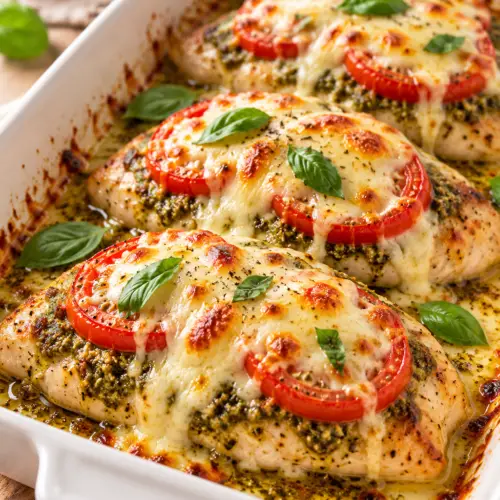 mozzarella tomato basil pesto chicken baked with melted mozzarella