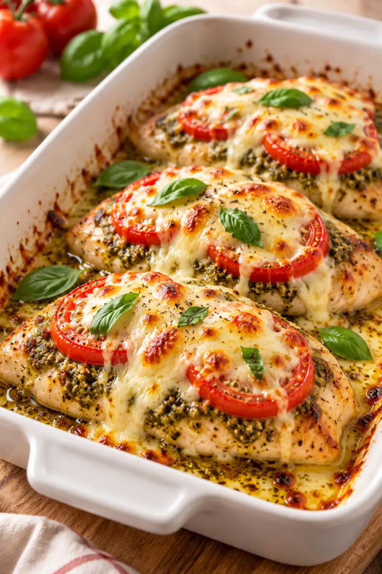 mozzarella tomato basil pesto chicken baked with melted mozzarella