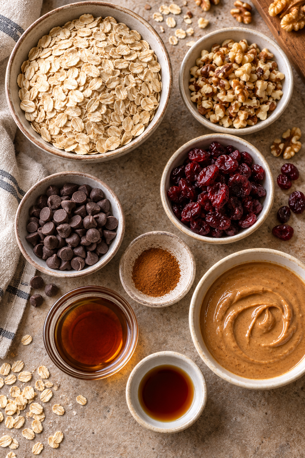 No-bake oatmeal cookie energy bites ingredients measured and arranged