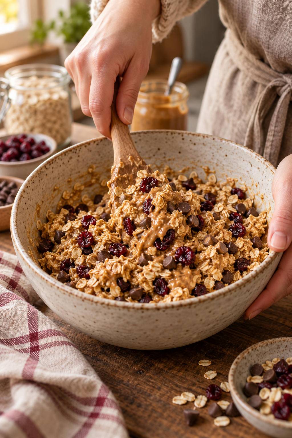 Mixing no-bake oatmeal cookie energy bites in a bowl