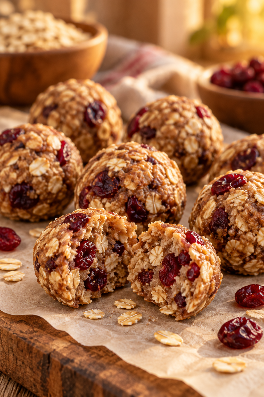 Finished no-bake oatmeal cookie energy bites on parchment