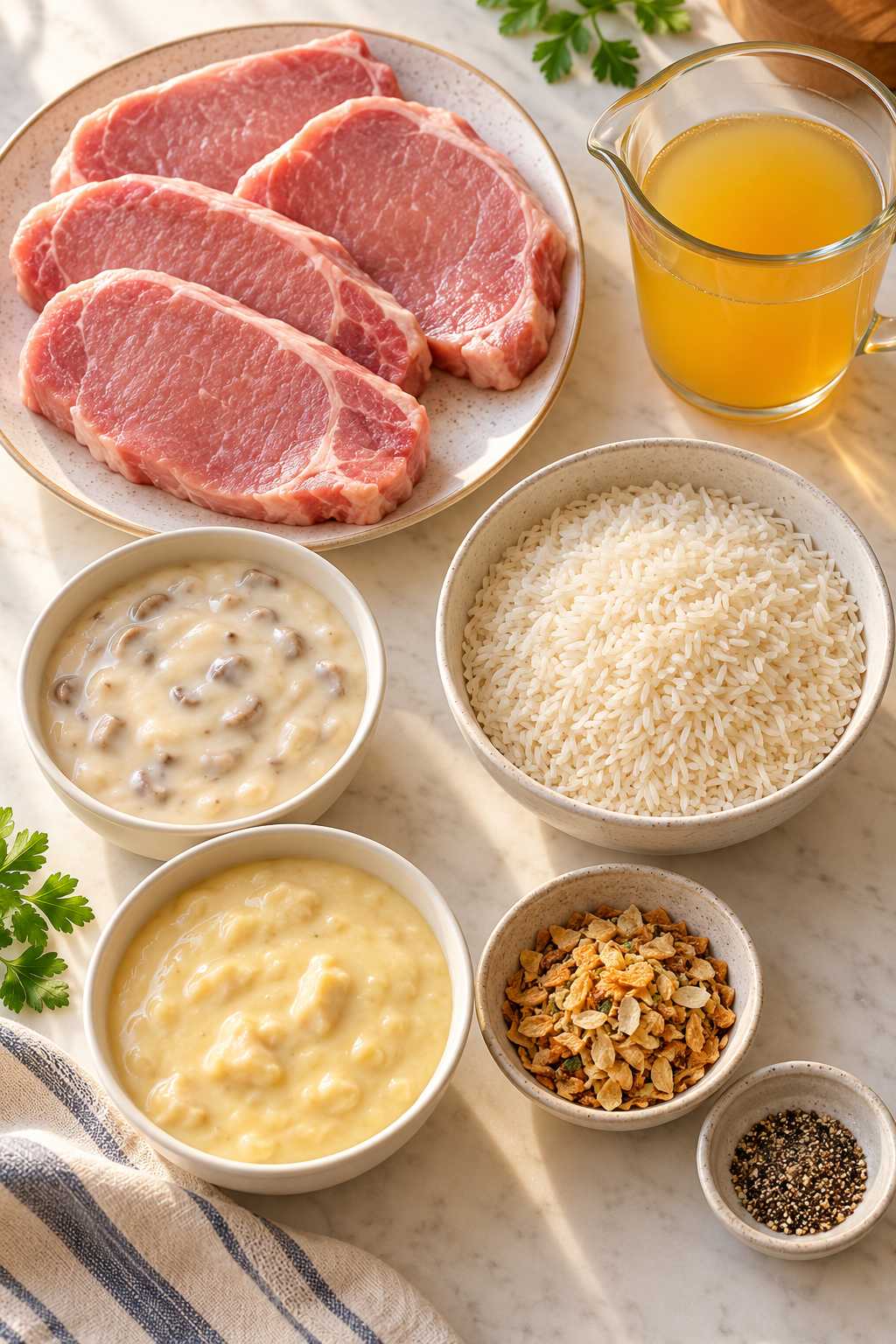 Ingredients for no peek pork chops and rice