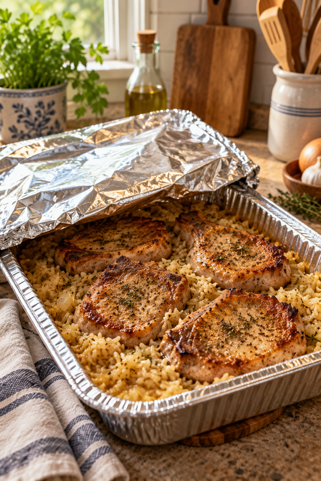 Covered casserole of pork chops and rice baking