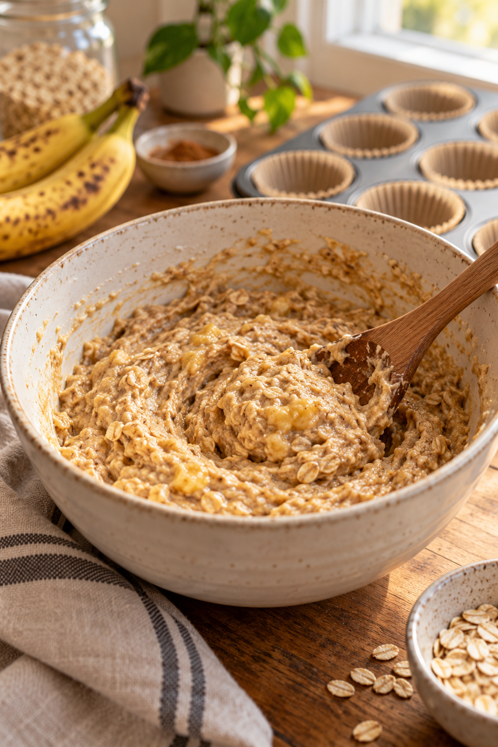 nut-free vegan banana oat muffin batter in a bowl