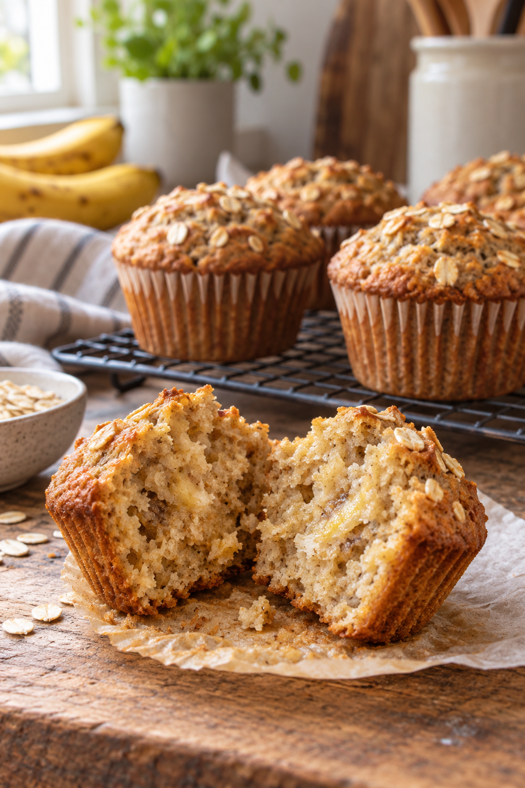 nut-free vegan banana oat muffins cooling on a rack