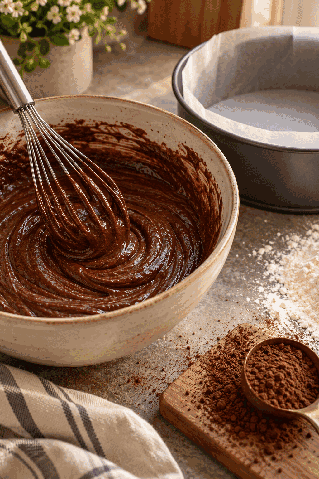 Mixing and baking one bowl moist chocolate cake