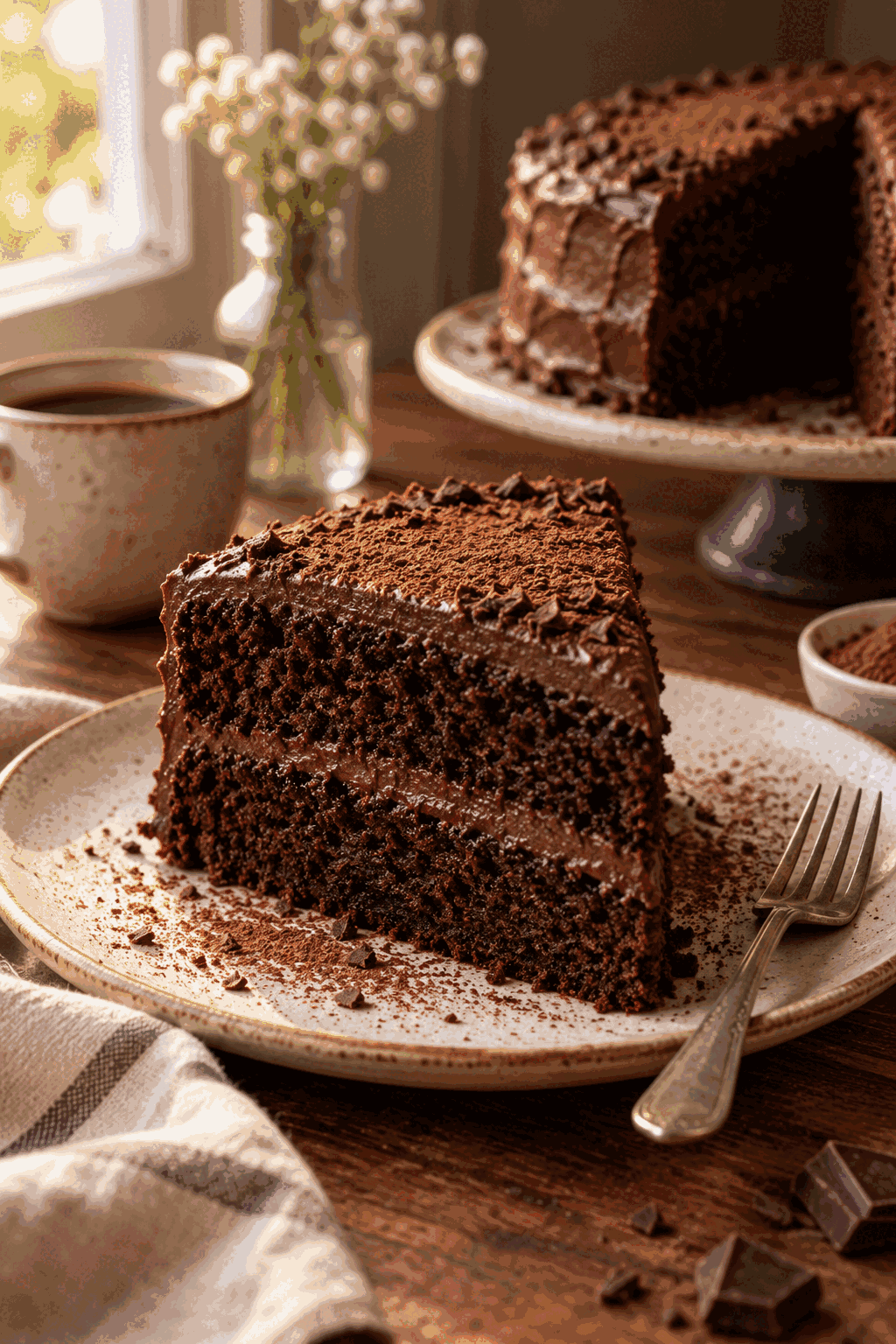 Slice of one bowl moist chocolate cake