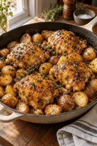 maple mustard chicken and potatoes in a skillet