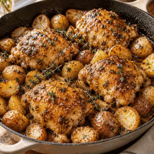 maple mustard chicken and potatoes in a skillet