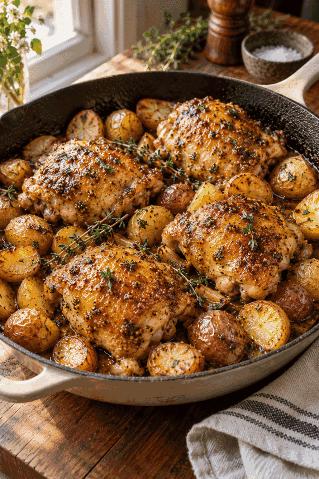 maple mustard chicken and potatoes in a skillet