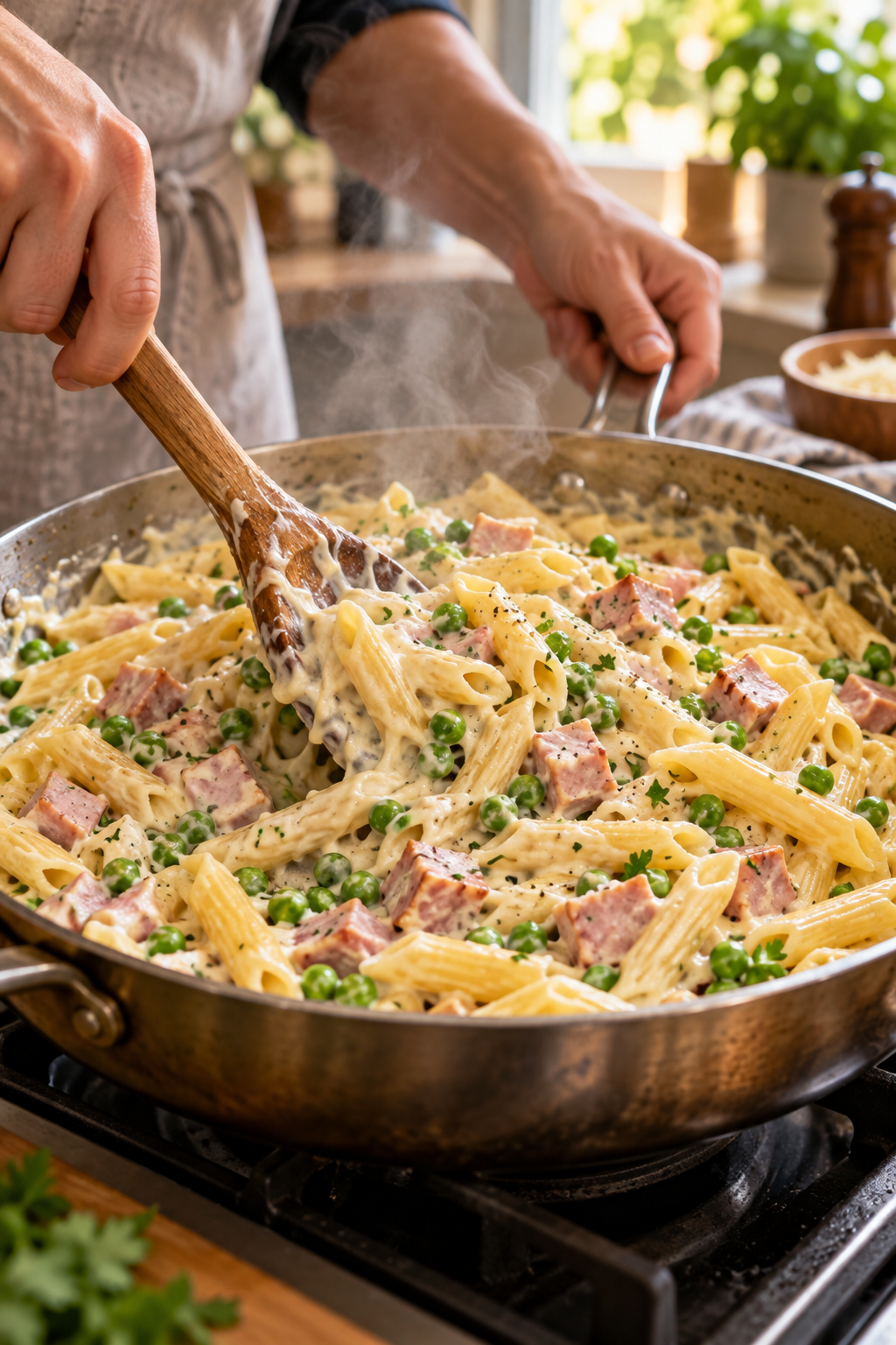 preparing one pot ham penne skillet