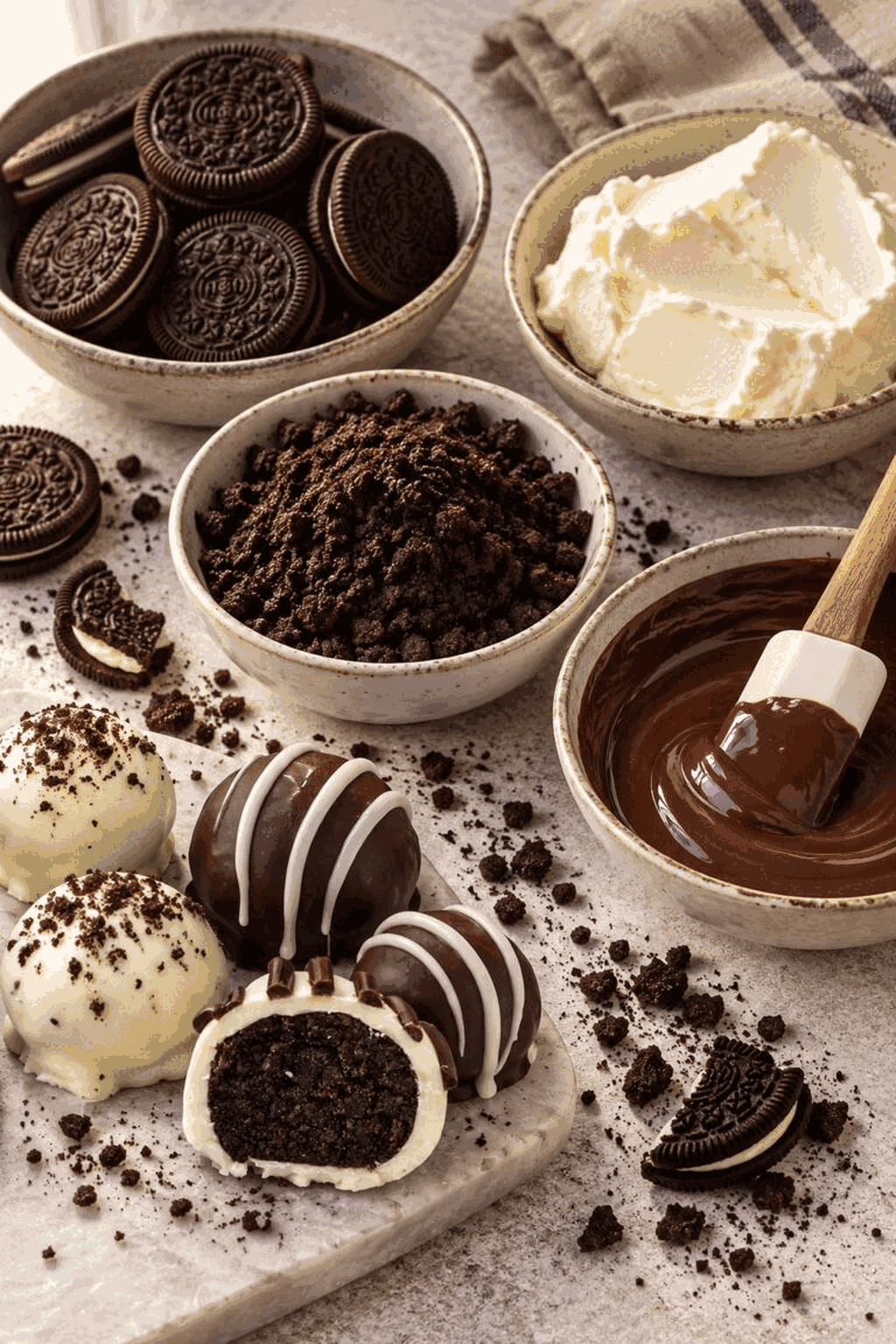 oreo balls ingredients arranged for mixing
