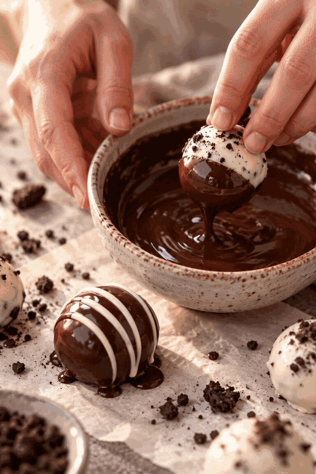 oreo balls being dipped in chocolate