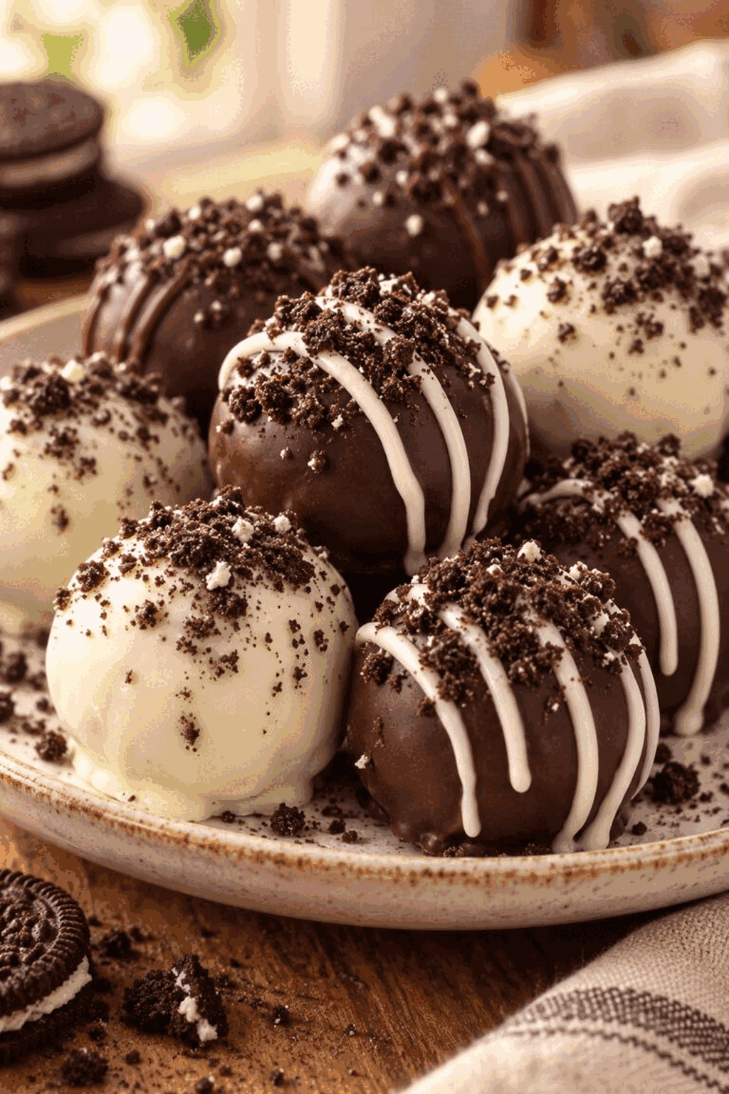 oreo balls arranged on a serving plate
