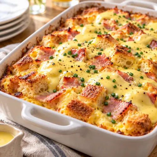 Overnight eggs benedict casserole with hollandaise