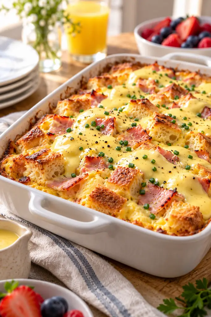 Overnight eggs benedict casserole with hollandaise