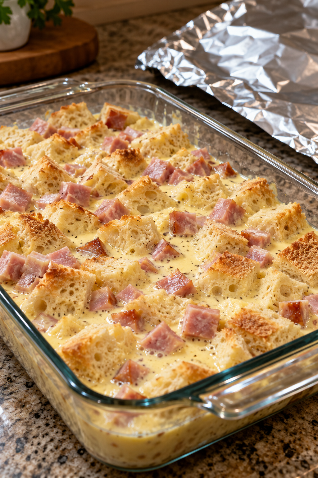 Preparing the overnight eggs benedict casserole before baking