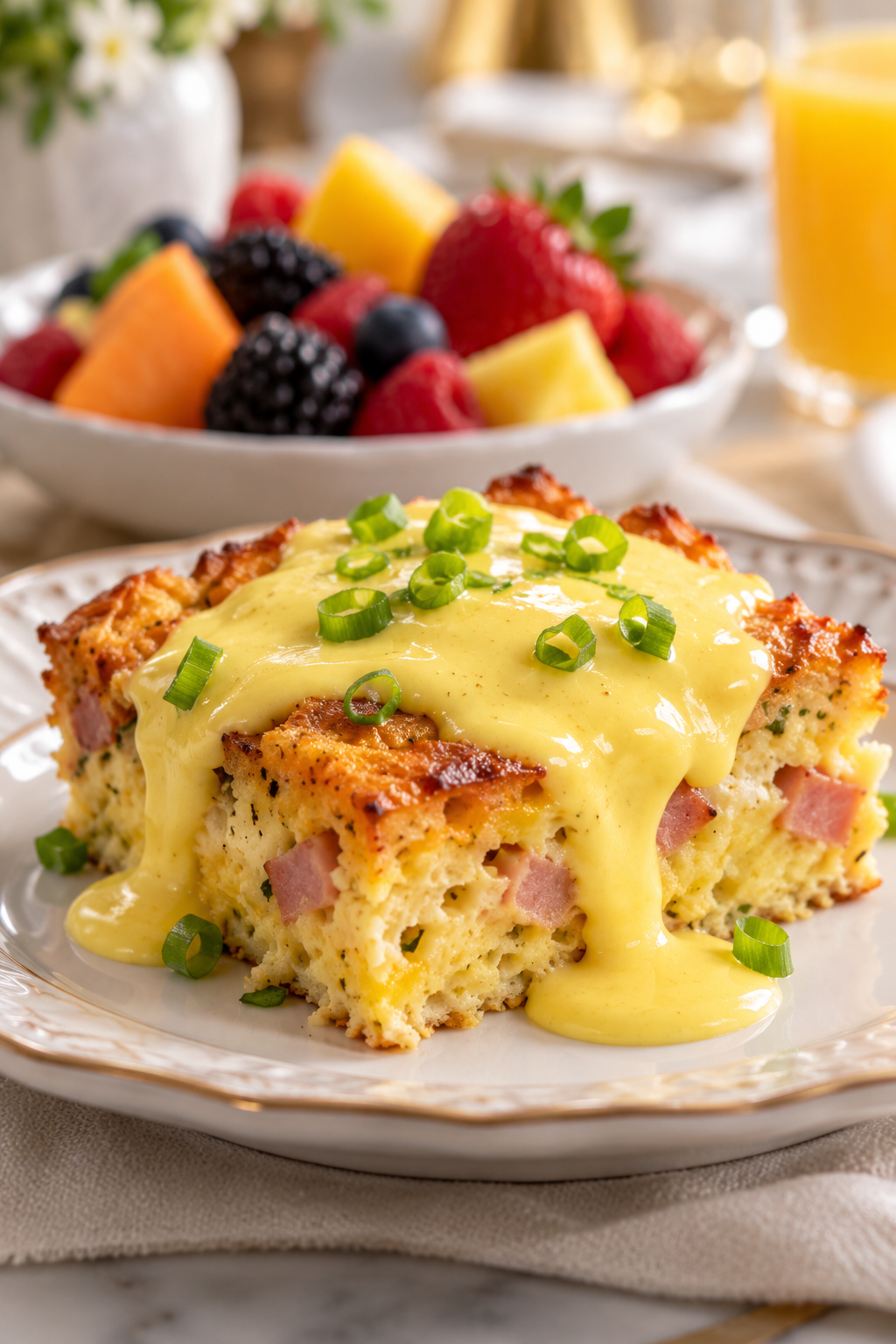 Baked overnight eggs benedict casserole with hollandaise