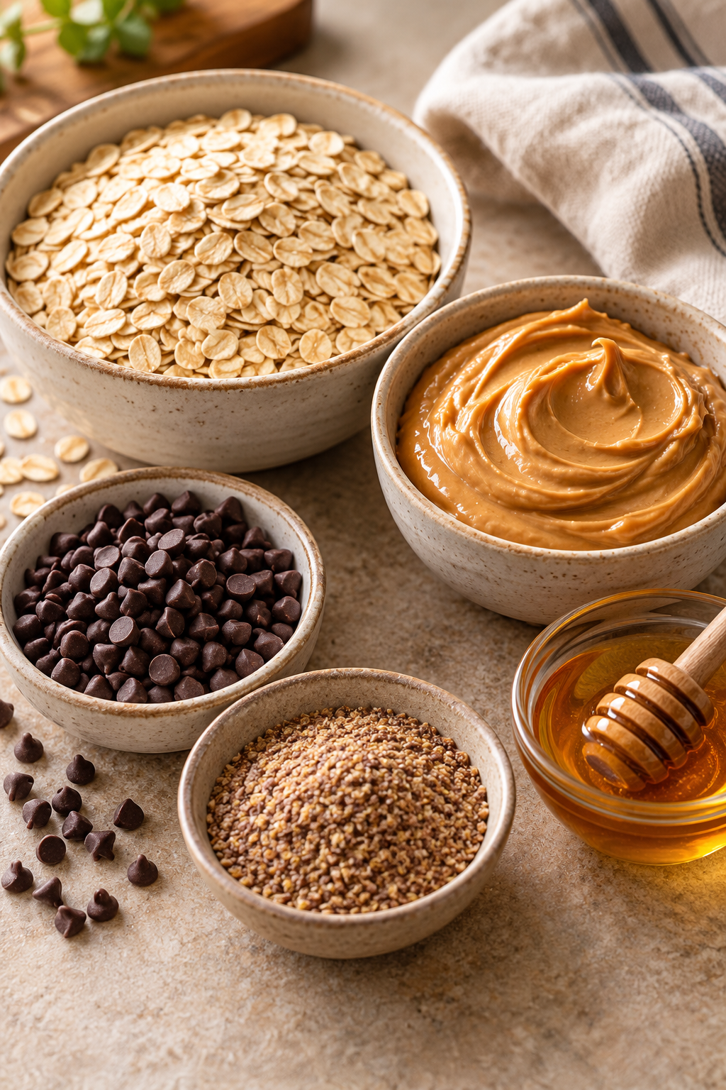 Ingredients for peanut butter energy balls including oats and peanut butter